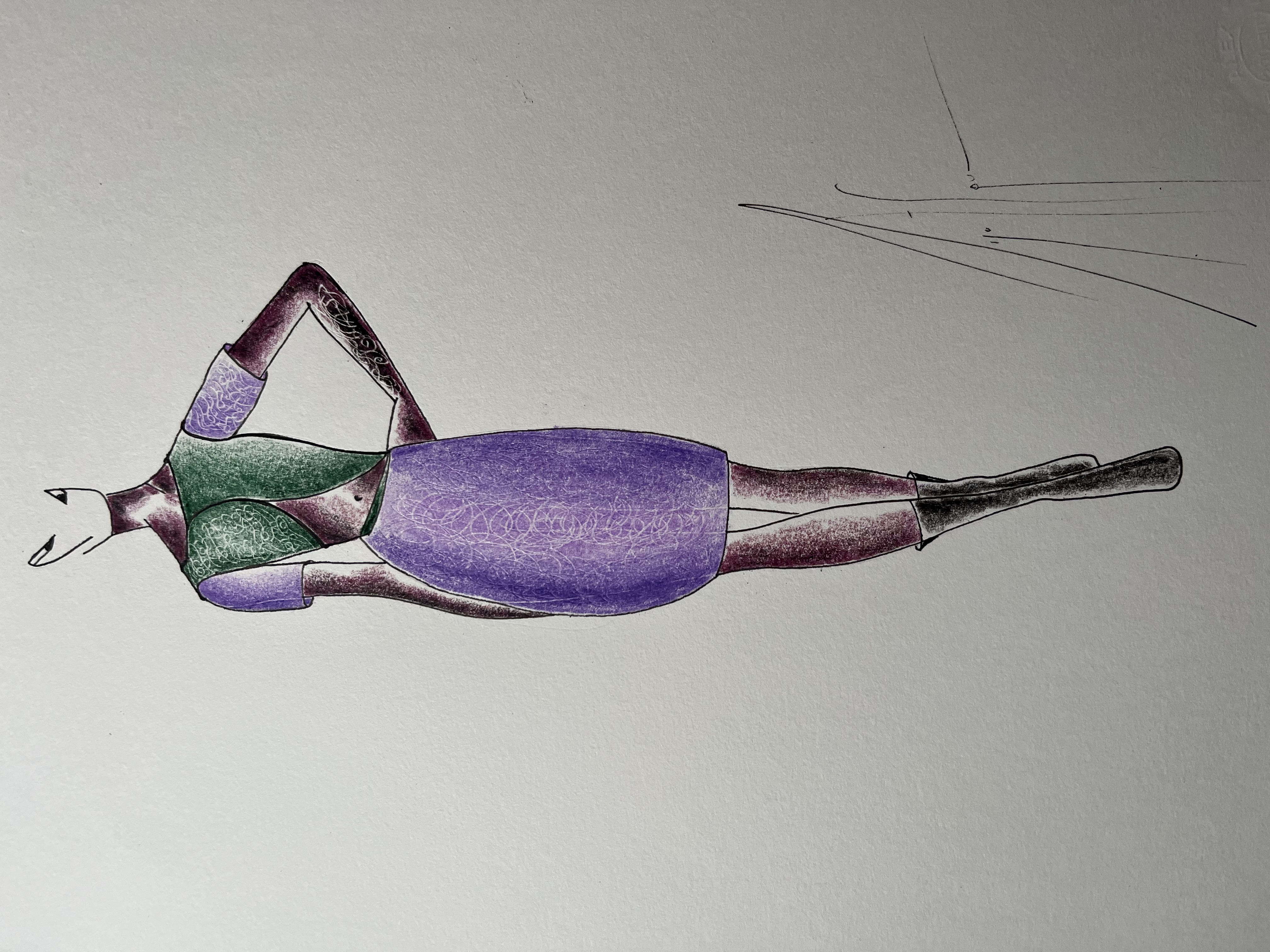 Designer original  drawing of classic dress in purple asymmetric leaf bodice in green 